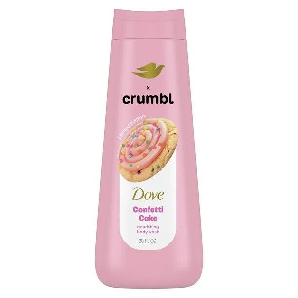 Pink bottle of Dove Confetti Cake body wash with Crumbl branding on a white background