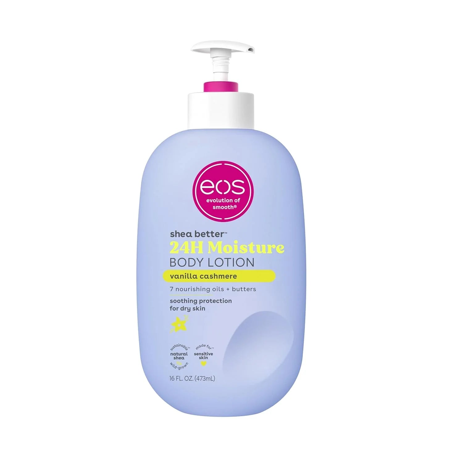 EOS shea butter 24H moisture body lotion bottle on a white background