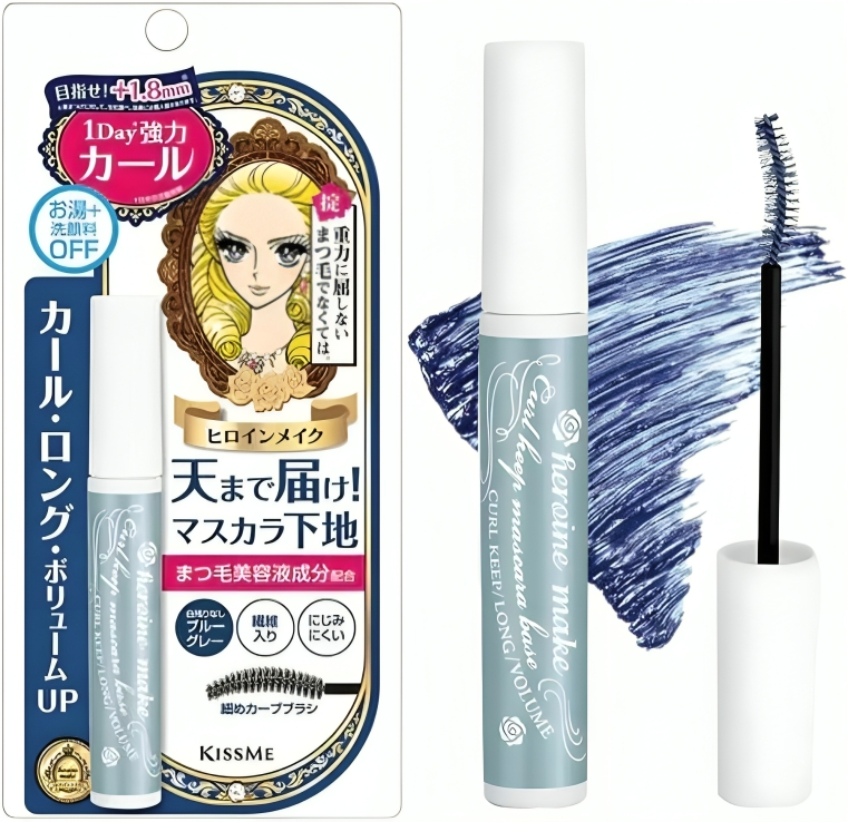 Kissme mascara with packaging and brush on a white background