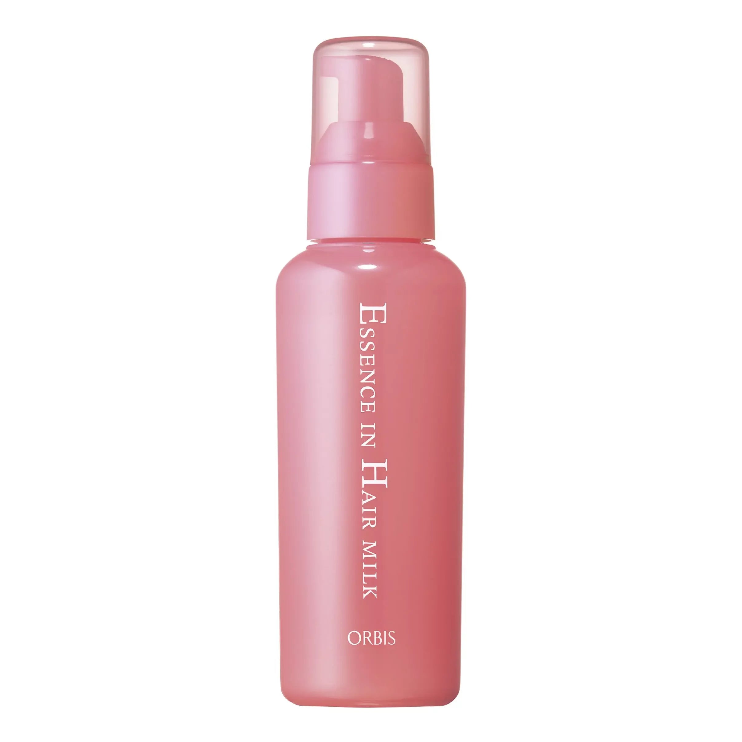 Pink bottle of Orbis Essence in Hair Milk on a white background