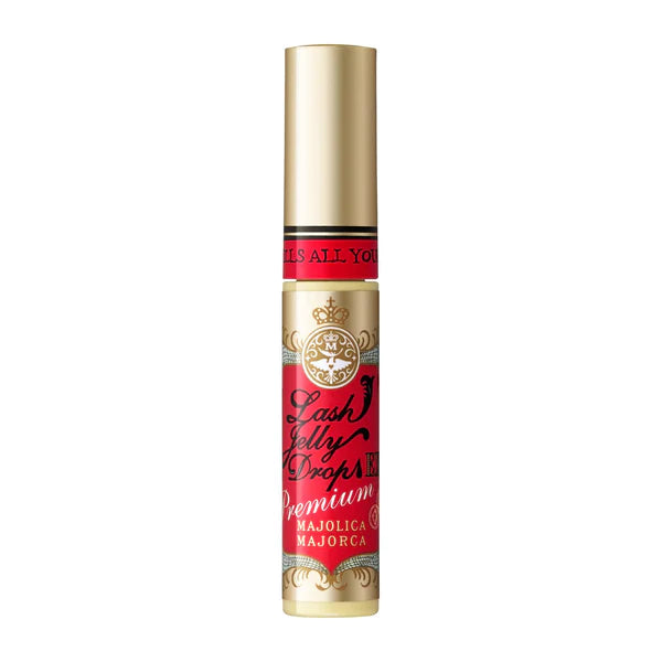 Lash Jelly Drop bottle with red label and gold cap on white background