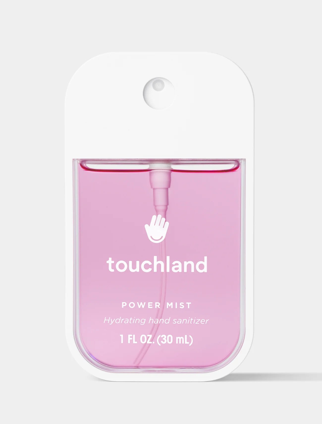 Pink hand sanitizer with 'touchland' branding on a white background