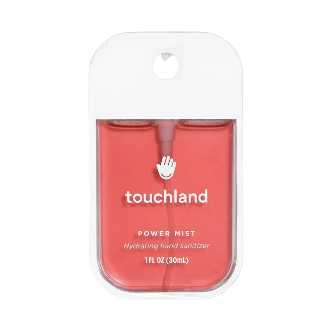Touchland power mist hydrating hand sanitizer packaging on a white background