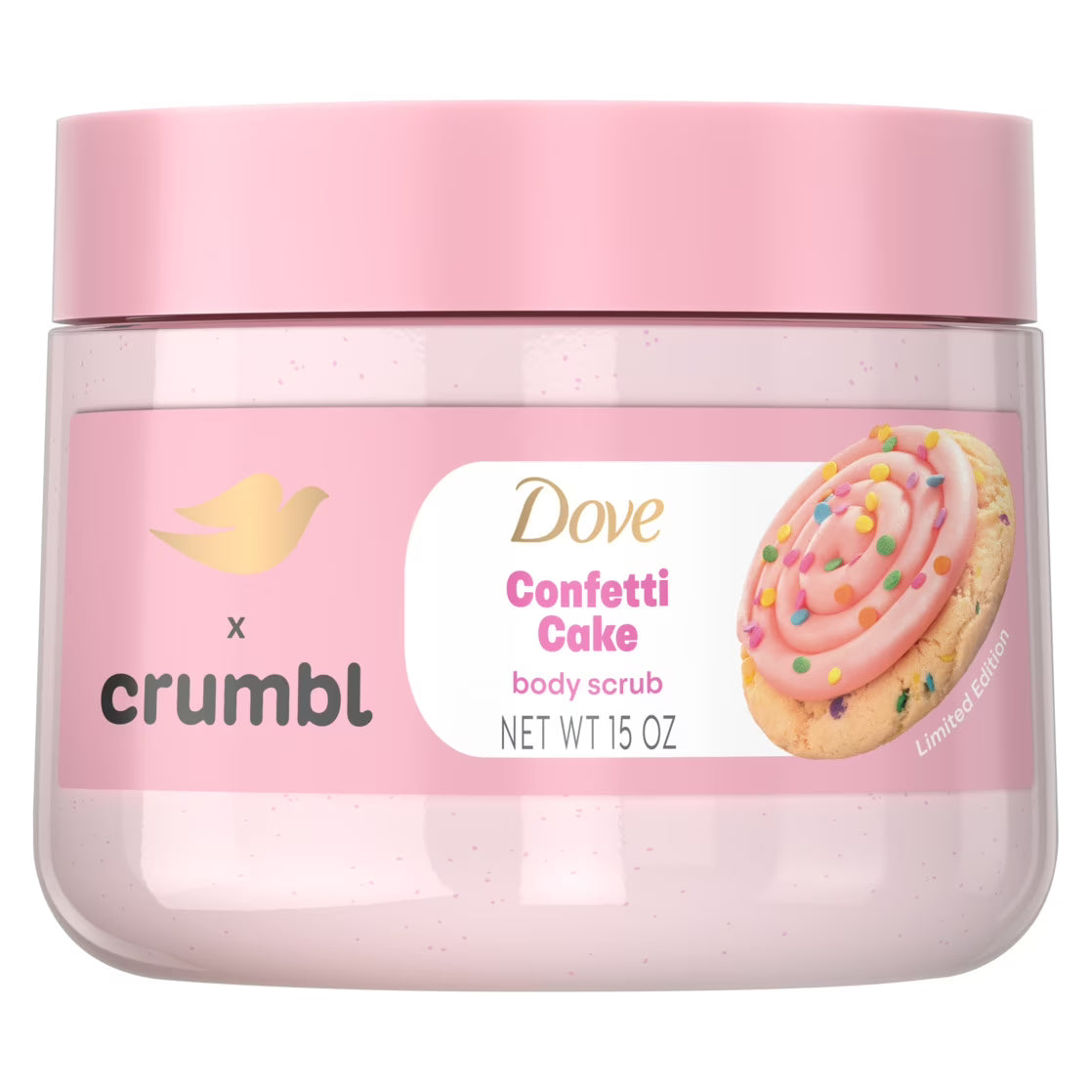 Dove x Crumbl Confetti Cake body scrub jar with pink lid and label on a white background