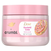 Dove x Crumbl Confetti Cake body scrub jar with pink lid and label on a white background