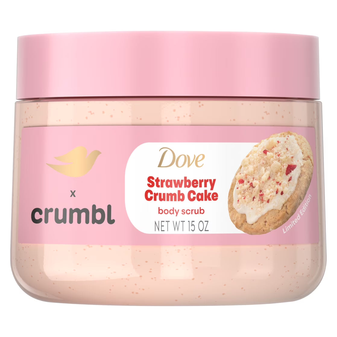 Jar of Dove x Crumbl Strawberry Crumb Cake body scrub with pink lid and label.
